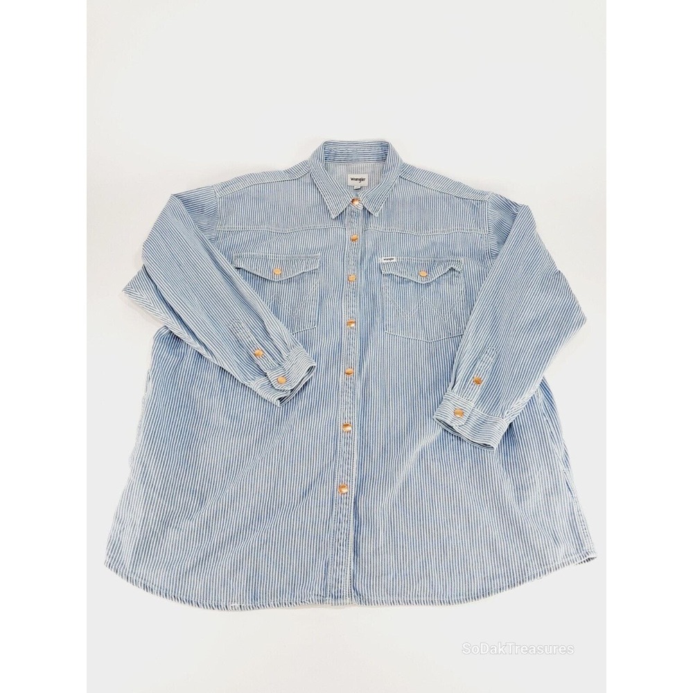 Wrangler Pinstripe Denim Jacket Hickory Stripe Oversized Jean Shirt Womens XL